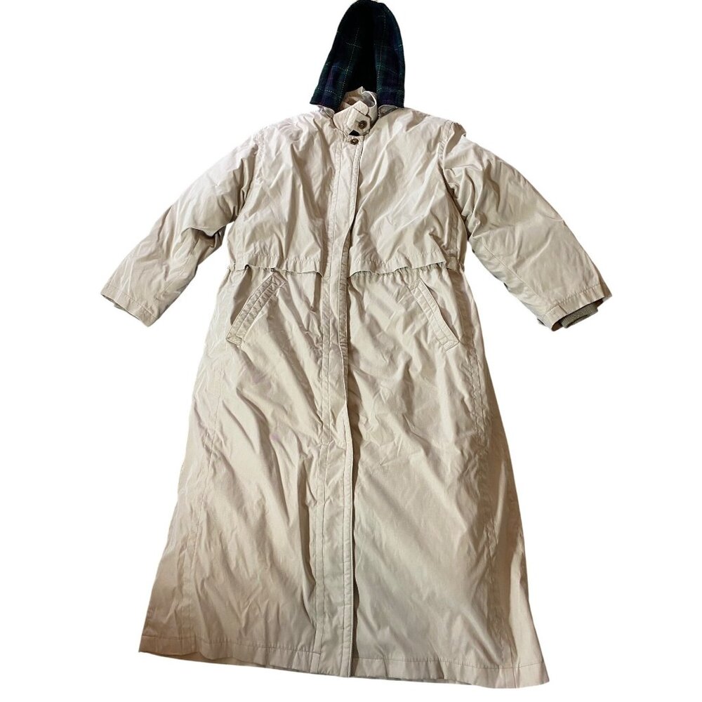 Eddie Bauer Beige Long Coat Goose Down Plaid Lining Button Zipper Closure Medium